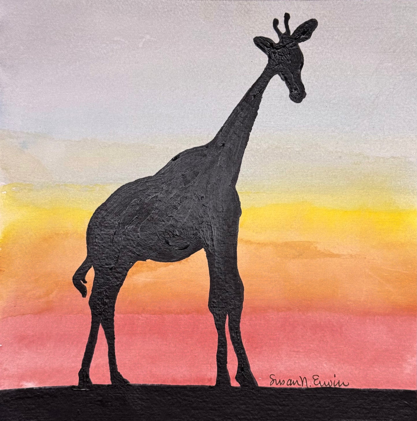 "Black Giraffe Horizon" Mixed Media 8" x 8"
