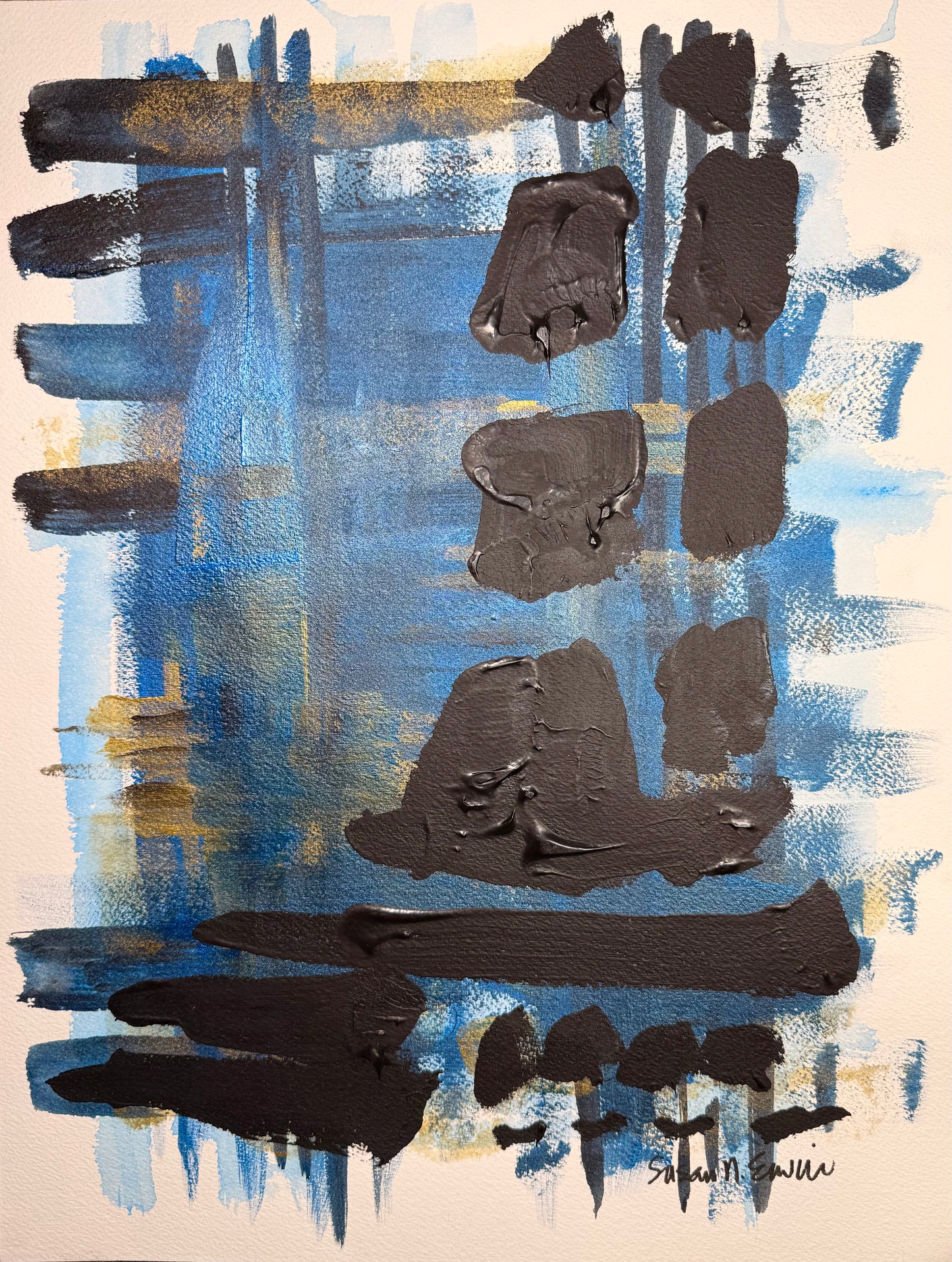 “Black on Blue Abstract” Original Watercolor - 12"x15"