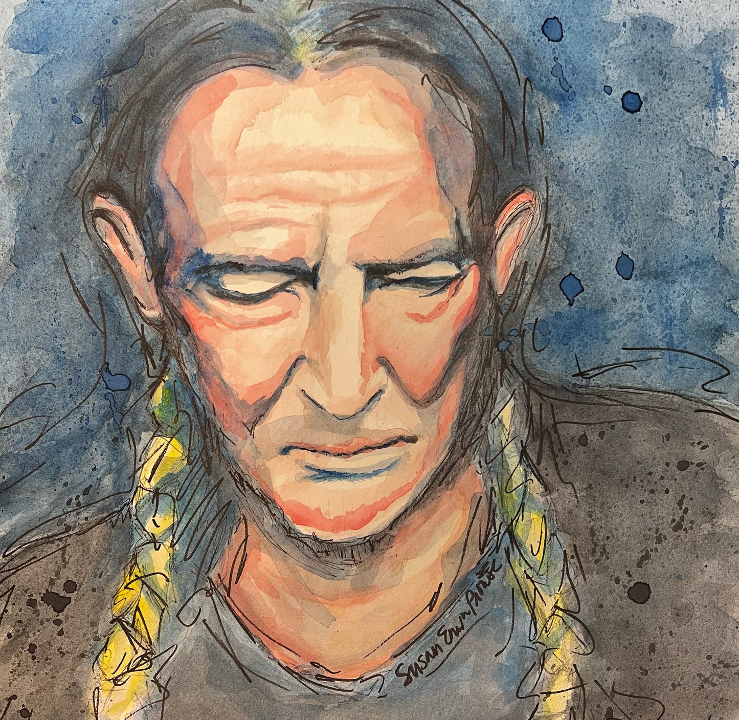 “Channeling Willie” Original Watercolor - 16"x16" Framed