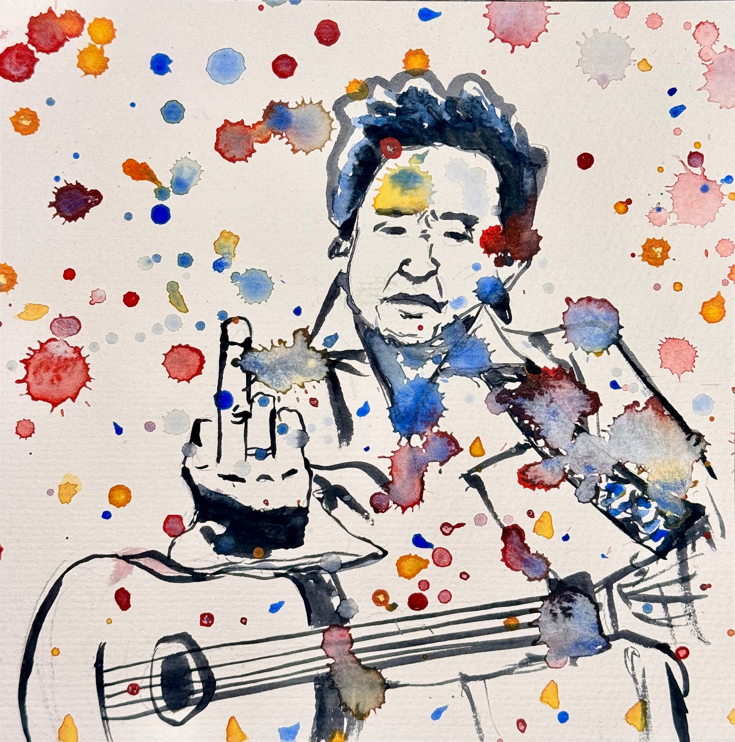 "The Man in Black Splat" Original Watercolor 7" x 7"