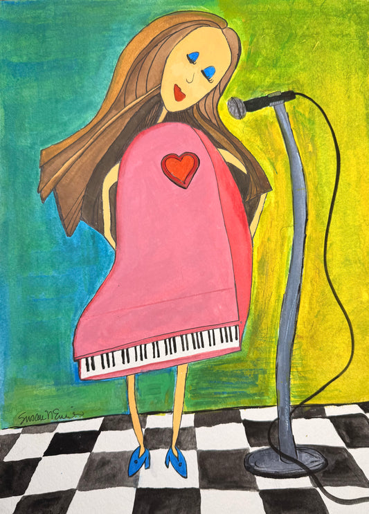 “Pink Piano Lady” Original Watercolor - 11"x15"